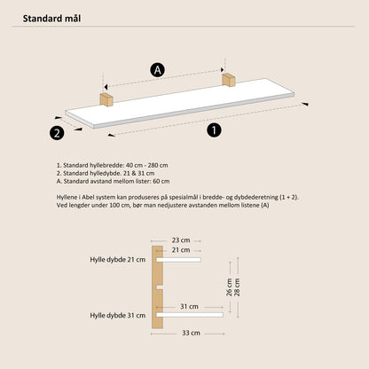 Abel system - Hylleplate - 40 cm på dobbel list
